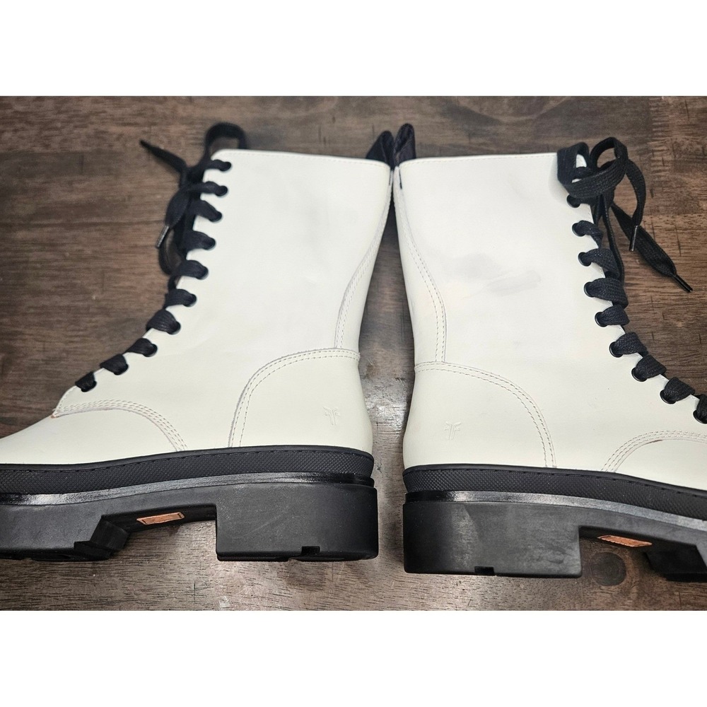 Frye Chloe‎ White Combat Boots Lug Lace up zip Biker Leather size 8 - Picture 6 of 10